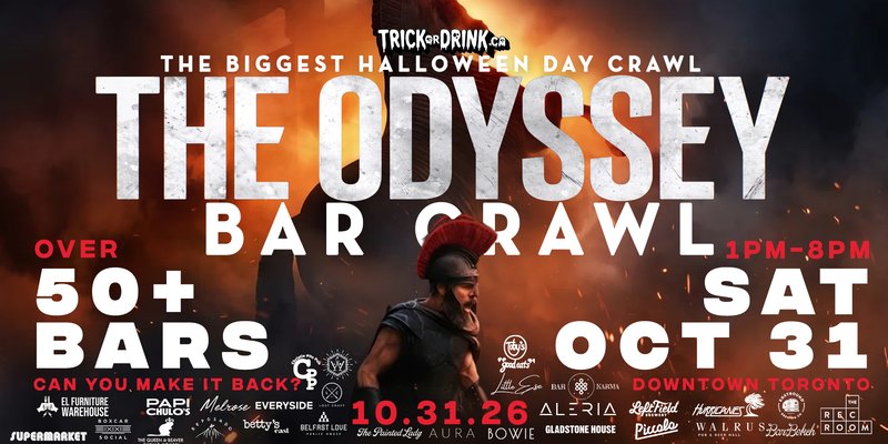The Odyssey, the biggest Halloween day party, Saturday October 31, 1 PM to 8 PM, downtown Toronto